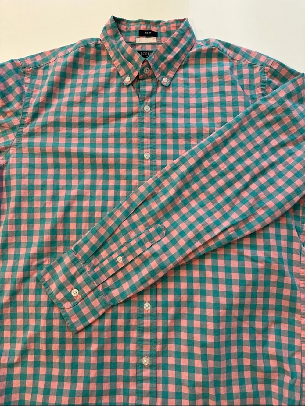 J. Crew Slim Flex Washed Gingham Button Down Shirt Pink Teal Mens‎ Large